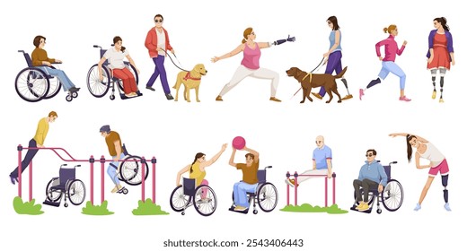 Diverse individuals engaging in adaptive sports and activities. Vector illustration