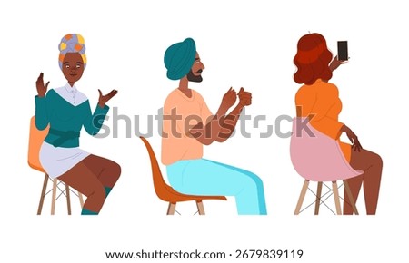 Diverse individuals engaging in lively conversation and social media, showcasing community