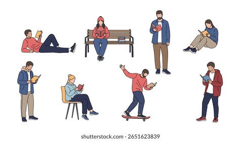 Indivíduos diversificados que desfrutam de atividades de lazer ao ar livre em um dia ensolarado de leitura e patinação