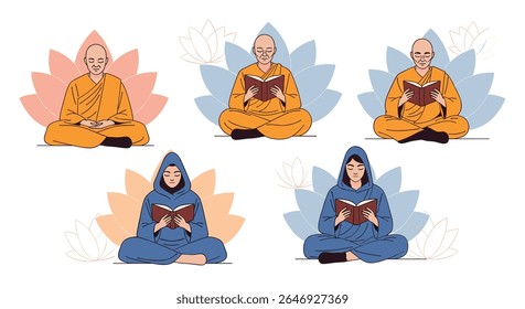 Diversos indivíduos praticam leitura consciente e meditação cercada por flores de lótus serenas promovendo a paz interior e a iluminação