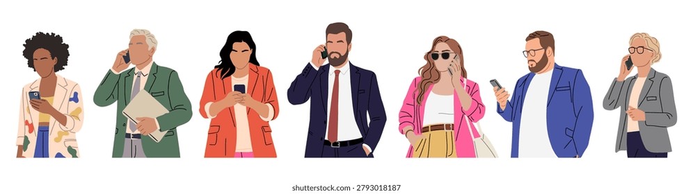 Diverse individuals use smartphones while walking. Each person appears focused, engaged, and connected to their device. Urban or business settings suit this vibrant, modern scene