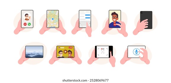 Video Diversos individuos que utilizan gestos de mano con tabletas inteligentes para redes sociales, mensajería, llamadas y navegación