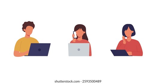 Diverse individuals working remotely on laptops, highlighting communication and productivity.