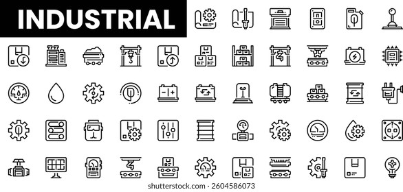 Diverse industrial icons in a minimalist design, showcasing machinery and tools.