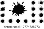 Diverse ink splatters and liquid drips in silhouette style. Large central splash with peripheral drops in eps file.