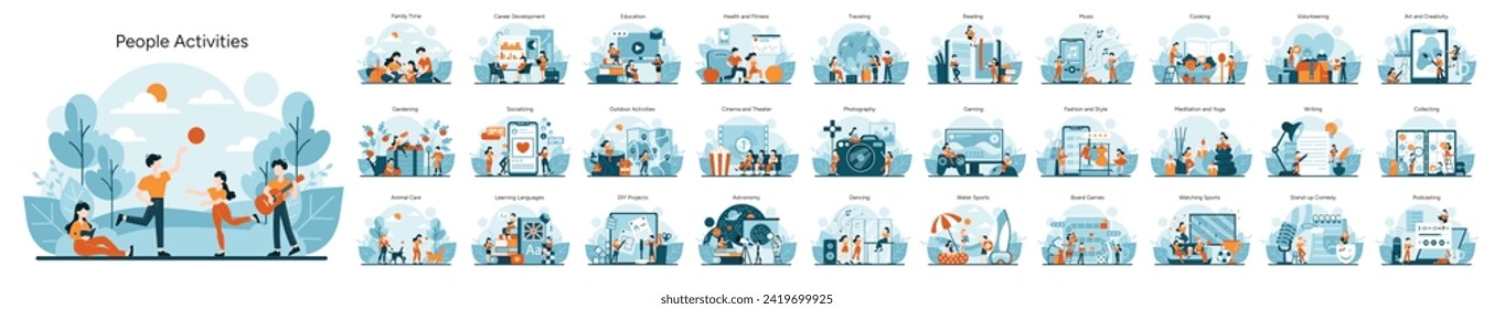 Diverse Interests Collection. A vibrant display of everyday pastimes. From family interactions to self-improvement and leisure activities. Cultural hobbies and modern entertainment. Flat vector