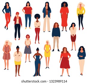 Diverse international group of standing happy women or girls. Flat cartoon characters isolated on white background.