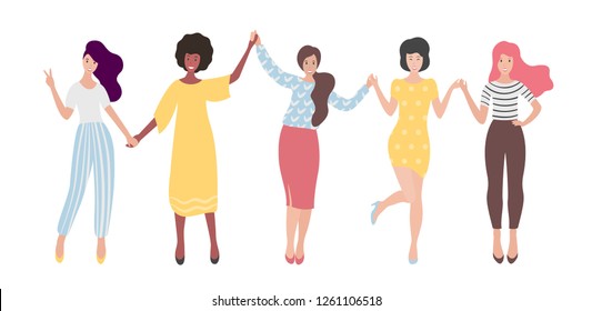 Diverse international group of standing women or girl holding hands. Sisterhood, friends, union of feminists. Flat vector illustration.