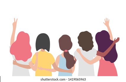 Diverse International Group Of Women Or Girl Hugging Together. Sisterhood, Friends, Union Of Feminists, Event Celebration. Girls Team On Isolated Background With Copy Space. Flat Vector Illustration.