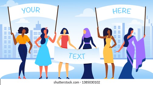 Diverse International and Interracial Group of Girls Stand in Row with Big Banners in Hands on Cityscape Background. Female Power, Feminism, Woman Empowerment Concept. Cartoon Flat Vector Illustration