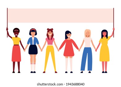 Diverse international and interracial group of standing women. For girls power concept, femininity and feminism ideas, women s empowerment, and role card design.