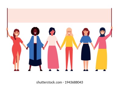 Diverse international and interracial group of standing women. For girls power concept, femininity and feminism ideas, women s empowerment, and role card design.