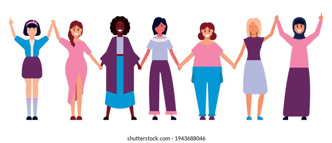 Diverse international and interracial group of standing women. For girls power concept, femininity and feminism ideas, women s empowerment, and role card design.