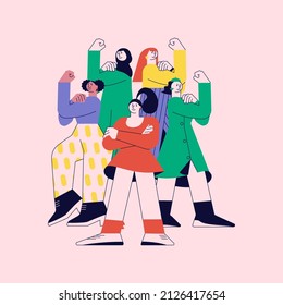 Diverse international, interracial and multi age group of women fight for empowerment. Card design concept of woman power, feminine, feminism ideas. Flat Art Vector illustration