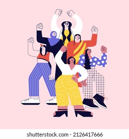 Diverse International, Interracial And Multi Age Group Of Women Fight For Empowerment. Card Design Concept Of Woman Power, Feminine, Feminism Ideas. Flat Art Vector Illustration