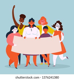 Diverse international and interracial standing group of young women holds empty poster. Strong women, girl power, empowerment concept. Female power woman rights, protest, feminism. Vector illustration