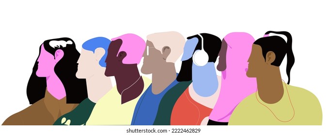 Diverse international people faces profiles in row. Men and women group of different race, age, appearance. Diversity concept. Colored flat graphic vector illustration isolated on white background 