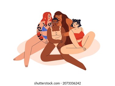 Diverse international women of different beauty, skin and hair color, race. Portrait of multiracial female models in underwear. Diversity concept. Flat vector illustration isolated on white background