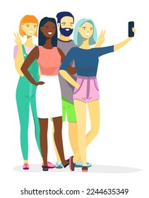 Diverse interracial friends taking selfie photo vector illustration. Happy smiling group of people posing for mobile camera making photography for social media standing isolated on white background