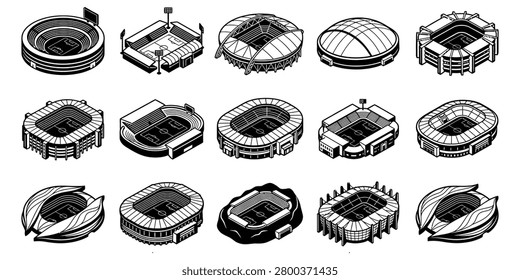 Diverse isometric views of modern stadium designs