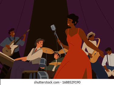 Diverse jazz band with black skin cartoon female singer vector graphic illustration. Group of musicians playing by musical instrument performing on stage. Play on saxophone, piano, drum, guitar