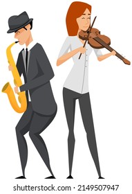 Diverse Jazz Duet With Beautiful Female Singer Sings Song. Group Of Musicians Playing By Musical Instrument Saxophone Performing On Stage. Hobbies And Profession, Stage Artists, Classical Concert