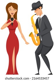 Diverse Jazz Duet With Beautiful Female Singer Sings Song. Group Of Musicians Playing By Musical Instrument Saxophone Performing On Stage. Hobbies And Profession, Stage Artists, Classical Concert