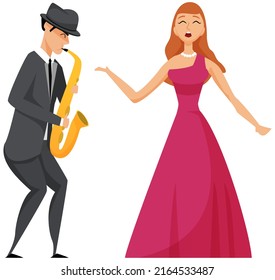 Diverse Jazz Duet With Beautiful Female Singer Sings Song. Group Of Musicians Playing By Musical Instrument Saxophone Performing On Stage. Hobbies And Profession, Stage Artists, Classical Concert