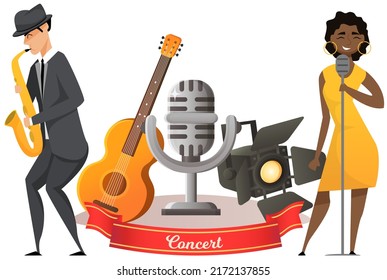 Diverse Jazz Duet With Beautiful Female Singer Sings Song. Group Of Musicians Playing By Musical Instrument Saxophone Performing On Stage. Hobbies And Profession, Stage Artists, Classical Concert