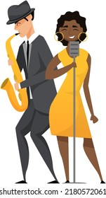 Diverse Jazz Duet With Beautiful Female Singer Sings Song. Group Of Musicians Playing By Musical Instrument Saxophone Performing On Stage. Hobbies And Profession, Stage Artists, Classical Concert