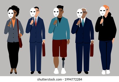 Diverse job applicants hiding behind neutral masks representing reducing bias in hiring process, EPS 8 vector illustration