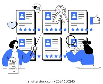 Candidatos a vagas são ilustrados com classificações de perfil e indicadores de aprovação, incluindo estrelas e ícones de aprovação. Ideal para recrutamento, avaliação de funcionários, processo de contratação, desempenho