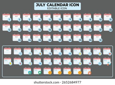 Coleção de conjuntos de ícones de vetor de calendário de julho diversificado com vários marcadores de evento e contadores de dia