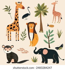 
A diverse jungle unfolds in this flat vector illustration. Lions, giraffes, and zebras roam freely, their forms simplified in bold colors.