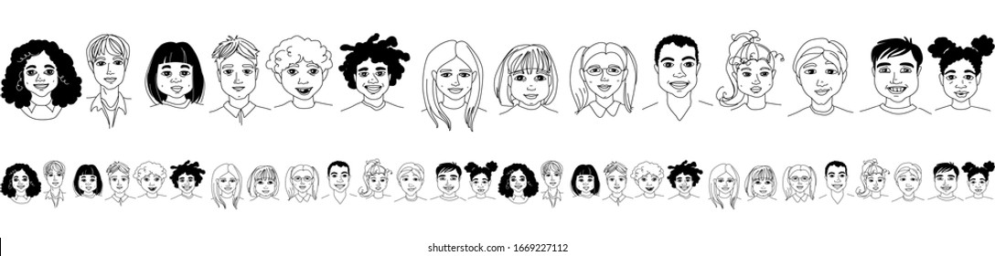 Diverse Kid's Children's head diversity seamless pattern border background. Hand drawn line drawing doodle vector illustration poster