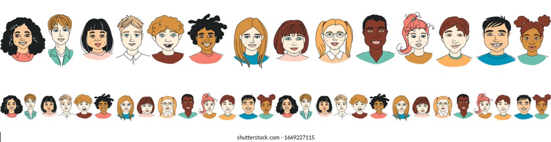 Diverse Kid's Children's head diversity seamless pattern border background. Hand drawn line drawing doodle vector illustration poster