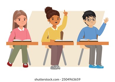 Diverse kids in classroom, one girl raising her finger, boy with glasses holding hand up