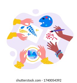Diverse kids creating craftworks. Hands of children painting, scrapbooking, embroidering. Vector illustration for creative craft art, handmade work, workshop concept