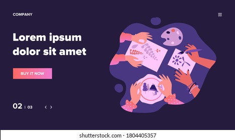 Diverse kids creating craftworks. Hands of children painting, scrapbooking, embroidering. Vector illustration for creative craft art, handmade work, workshop concept