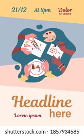 Diverse kids creating craftworks. Hands of children painting, scrapbooking, embroidering. Vector illustration for creative craft art, handmade work, workshop concept