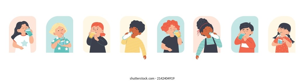 Diverse kids drinking water, juice and milk from glass bottles and cups - flat vector illustration isolated on white. Set of children consuming drinks, concept of healthy diet and hydration. - Shutterstock ID 2142404919