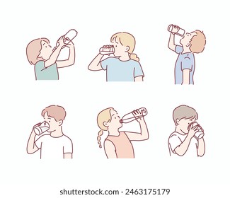 Diverse kids drinking water, and milk from glass bottles and cups. Hand drawn style vector design illustrations.