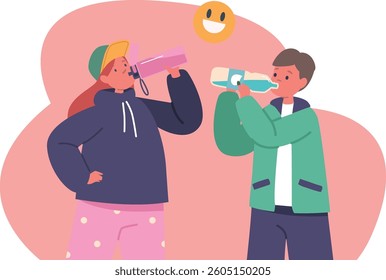 Diverse kids drinking water vector illustration