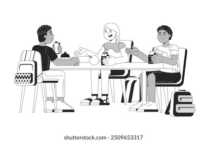 Diverse kids eating lunch together black and white 2D line characters. Pre-teen girl boys lunchtime lunchbreak schoolkids canteen table isolated vector outline people. Monochromatic spot illustration