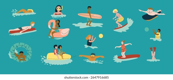 Crianças diversas desfrutando de atividades aquáticas: surfando, nadando, flutuando com amigos.