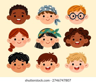 Diverse Kids Faces Collection in Flat Vector Style for Inclusive Education Theme