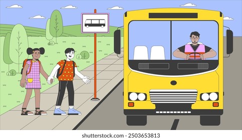 Diverse kids getting on school bus cartoon flat illustration. Elementary children 2D characters colorful background. Schoolbus schoolchildren. Bus stop school scene vector storytelling image