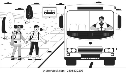 Diverse kids getting on school bus black and white line illustration. Elementary children 2D characters monochrome background. Schoolbus schoolchildren. Bus stop school outline vector image