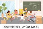 Diverse kids group project for gaining knowledge together vector illustration