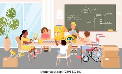 Diverse kids group project for gaining knowledge together vector illustration